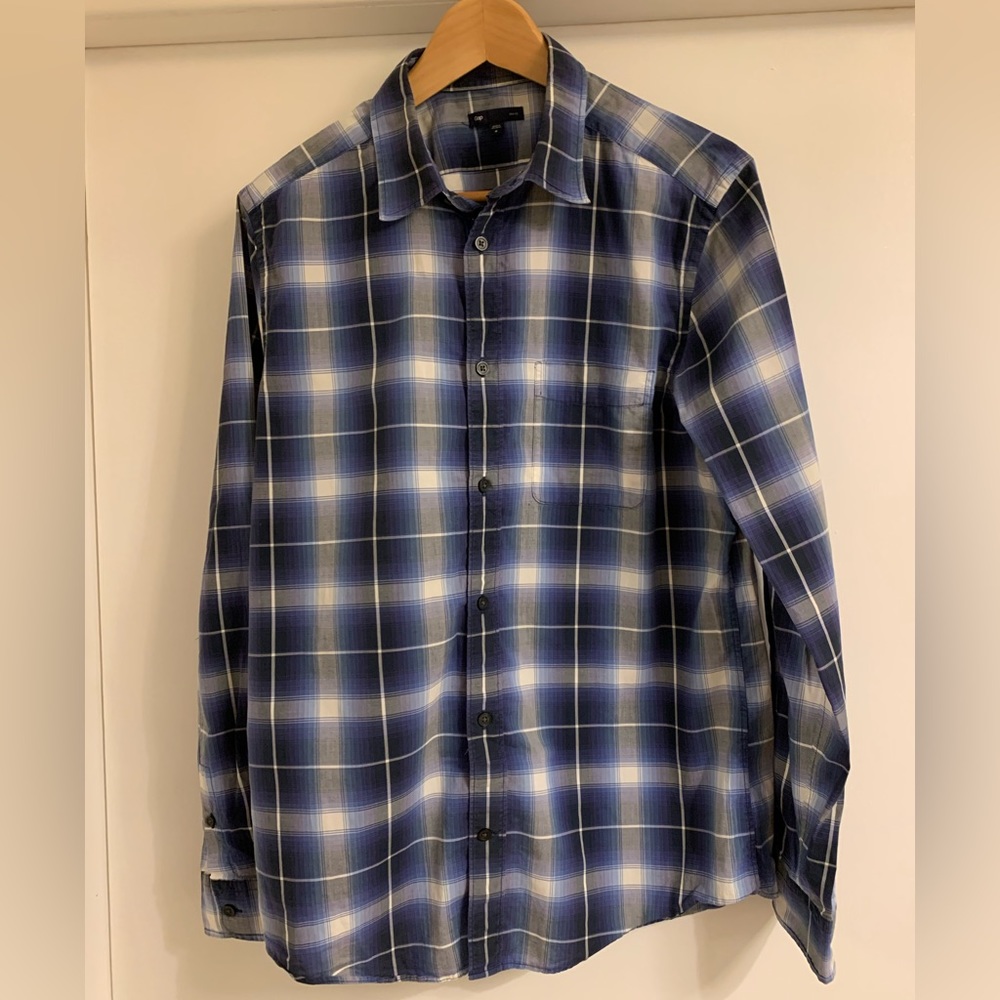 Gap Blue Plaid 100% Cotton Button Up - Slim Fit, Size M (15.5)